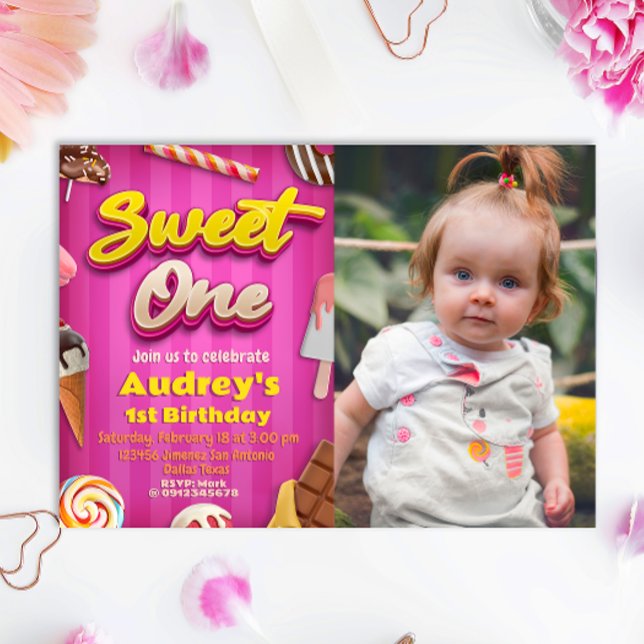 Convite Doce Um - primeiro aniversario de Rapariga com Fot (Sweet One - Girl 1st Birthday with Photo Invitation
)