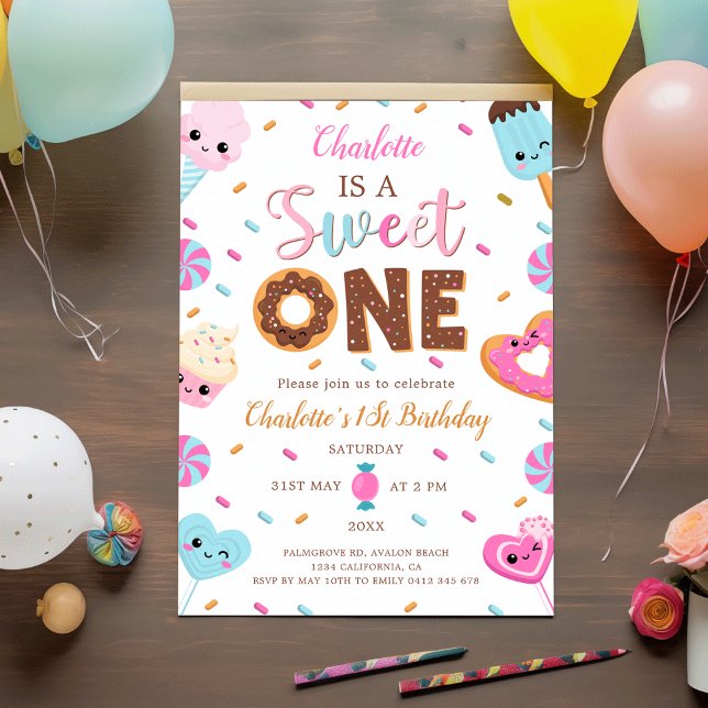 Convite Doce Um primeiro aniversario de Rosquinha de Anive (Sweet One Birthday Donut Candy 1St Birthday Invitation)