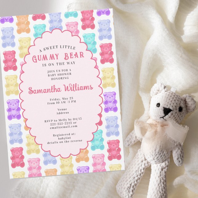 Convite Doce Ursinho de Goma Rosa Pastel Churrasco de Bebê (Sweet Little Gummy Bear Pastel Pink Baby Shower Invitation Yokan Jelly Blush Gummy Bears Aesthetics)