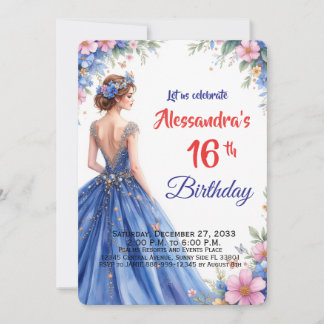 Convite Doce Vestido Azul Floral Elegante Aniversário de D