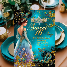 Convite Doce vestido azul turquesa dourado de 16 anos Borb