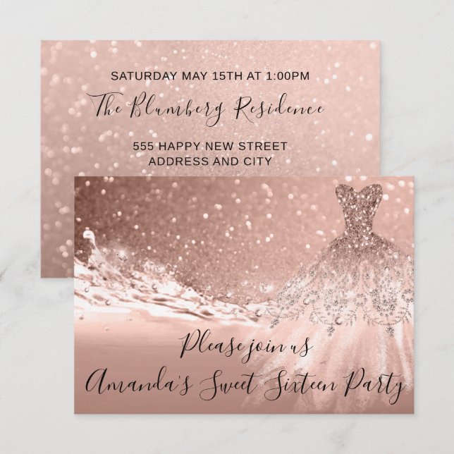 Convite Doce Vestido Oceano Glitter Dourado Rosa de 16ª Fe (Frente/Verso)