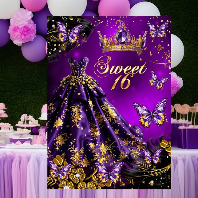 Convite Doce vestido roxo dourado de 16 anos com Borboleta (Criador carregado)