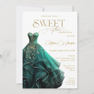 Convite Doce vestido verde esmeralda dourado de 16 anos