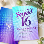 Convite Doces 16 Gradiente Azul Roxo-Roxo, Gradiente Retro<br><div class="desc">Feliz 16 de aniversário. Enviar este legal retrato de vassoura, convite de festas personalizado para um evento a lembrar. Típica divertida, moderna, arrojada, roxa e azul marinho com a tipografia sans serif moderna sobrepõe-se a um fundo de turquesa pop-luz e de raios quadrados roxos com pontos brancos. No verso, um...</div>