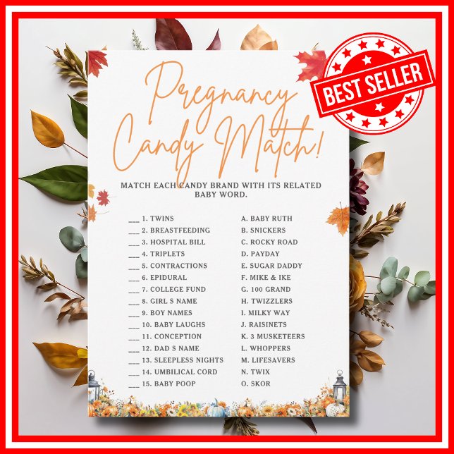 Convite DOCES DA GRAVIDEZ Jogo para Chá de Bebê ABÓBORA (PREGNANCY CANDY MATCH Easy Baby Shower Game A Little Pumpkin is on the Way Fall Autumn Theme)