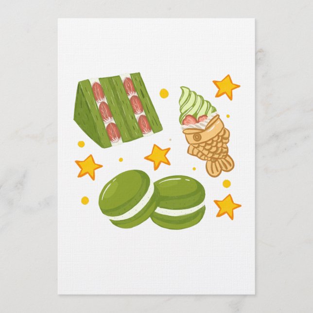 Convite Doces de Matcha Fofos e Kawaii Desenhados à Mão (Frente)