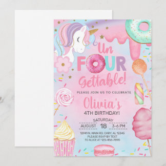Convite Doces inesquecíveis Menina unicórnio 4º aniversári