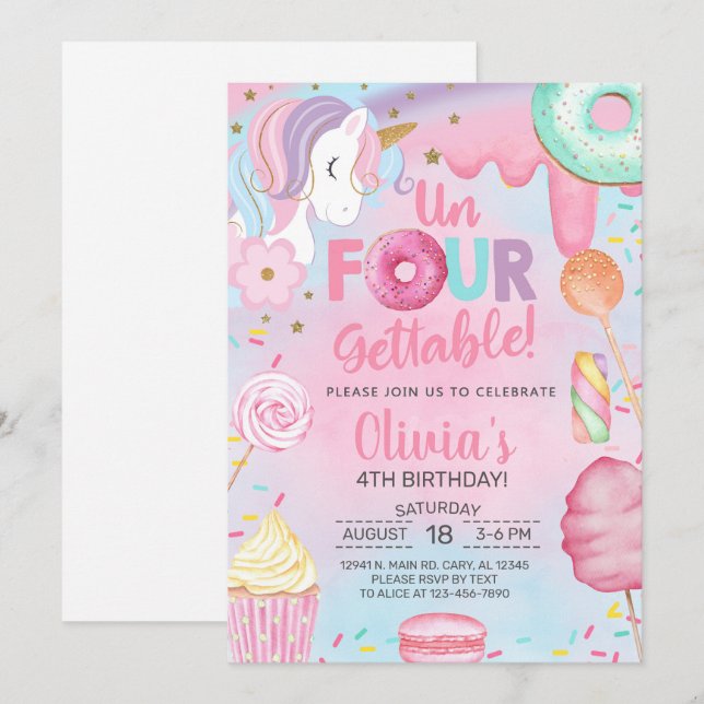 Convite Doces inesquecíveis Menina unicórnio 4º aniversári (Frente/Verso)
