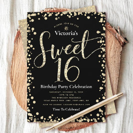 Convite Docinho 16 Black Dourado Glitter Script Birthday C