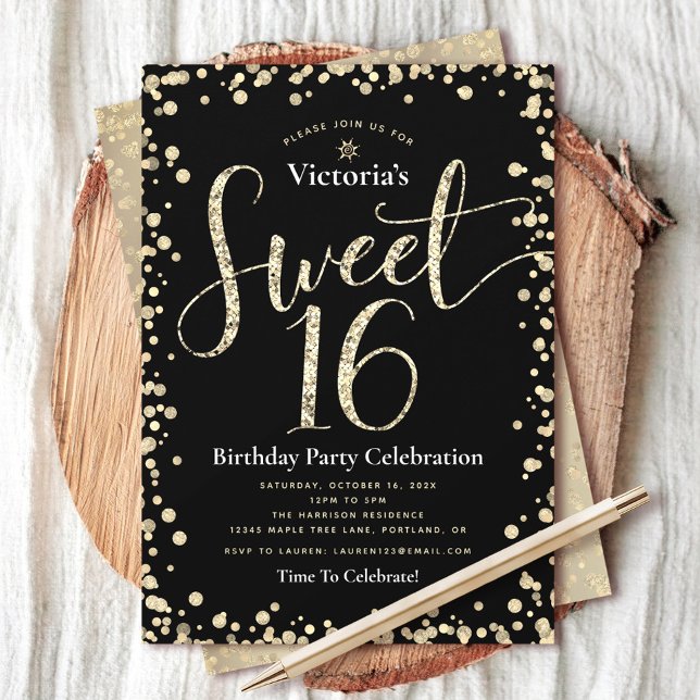 Convite Docinho 16 Black Dourado Glitter Script Birthday C (Criador carregado)