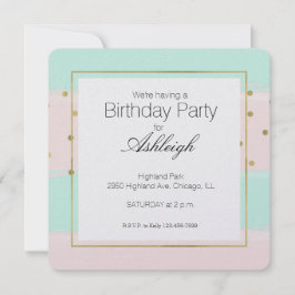 Convite Docinho Pêssego Dourado Stripes Confetti Aniversár