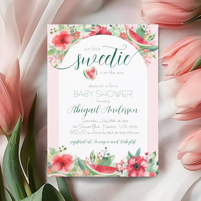 Convite Docinho Rosa Melancia Chá de fraldas Floral (Little Sweetie Watermelon Floral Baby Shower Invitation)