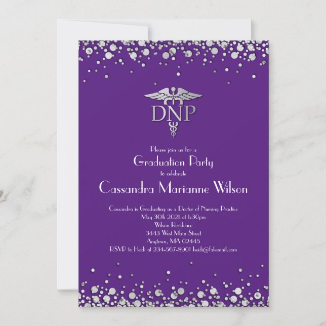 Convite Doctor Nursing Practice Graduation Purple Silver (Frente)