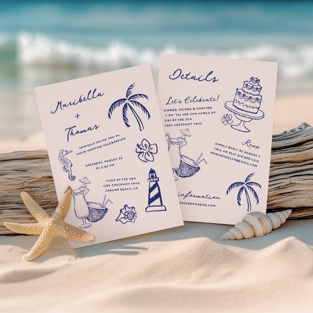 Convite Dodles de Praia Desenhada à Mão Todos em Um Casame (Criador carregado)