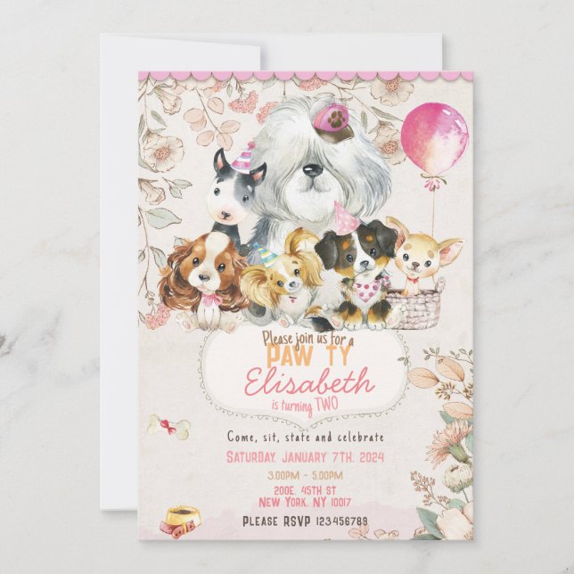 Convite Dog Birthday Invitation Printable, girl Invitation (Frente)