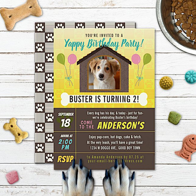 Convite Dog Birthday Party Dog House and Paws Custom Photo (Criador carregado)