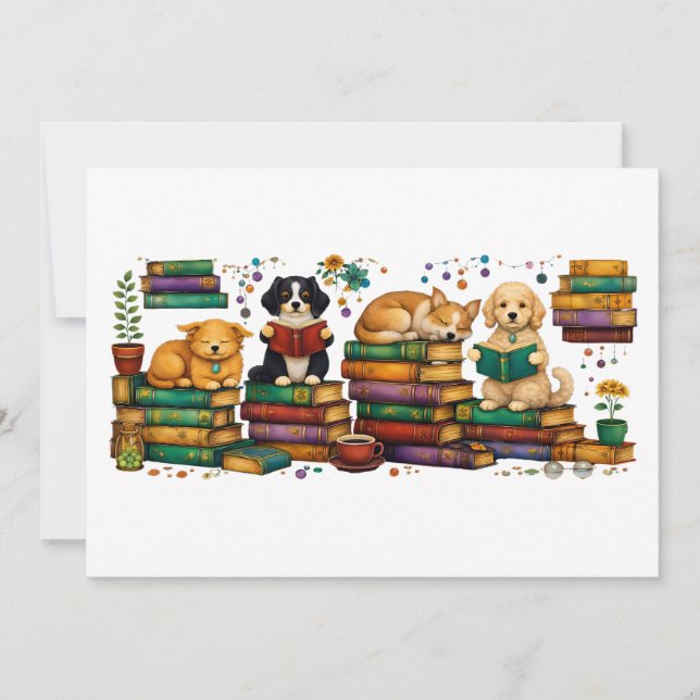 Convite Dogs Reading Books Cozy Library Scene (Frente)