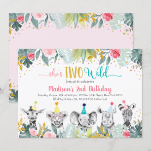 Convite Dois animais de festa Dourada cor-de-rosa