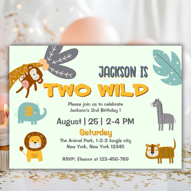 Convite Dois Animais Safari Selvagens segundos aniversário (two wild safari animals birthday party invitation)