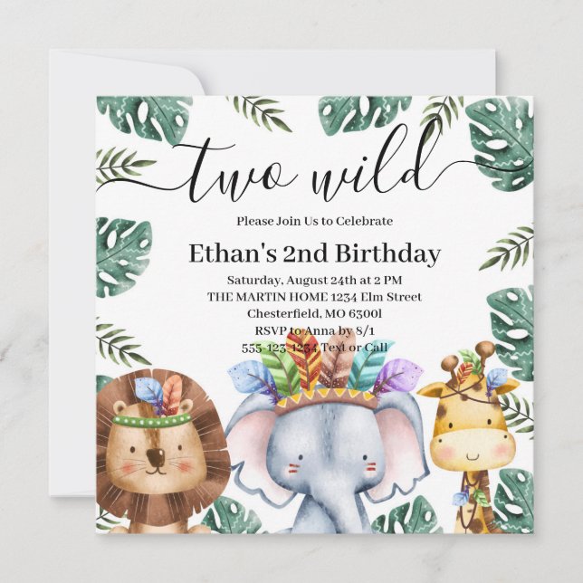 Convite Dois Animais Selvagens da Floresta Aniversário de  (Frente)