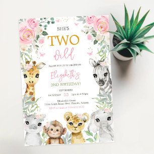 Convite Dois Animais Selvagens Florais de Safari Menina An