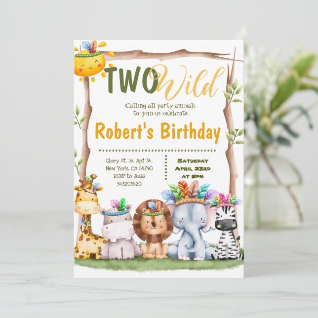 Convite Dois Animais Selvagens Safari Aniversário Tribal (Em pé/Frente)