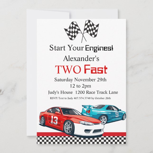 Convite Dois Aniversário de Carro Vermelho Rápido (Frente)
