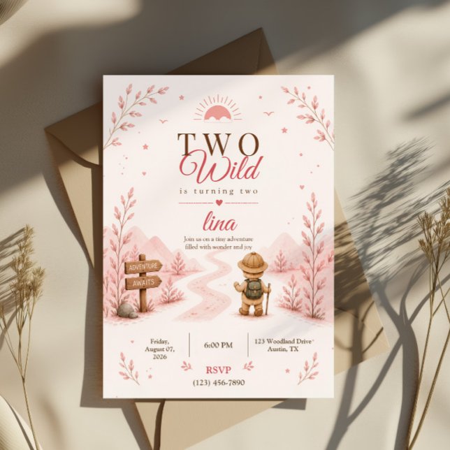Convite Dois Aniversário de Exploradora Boho Rosa Selvagem (Criador carregado)