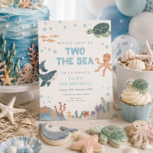 Dois ao Mar Fofa Aquarela Azul Menino 2º Aniversár