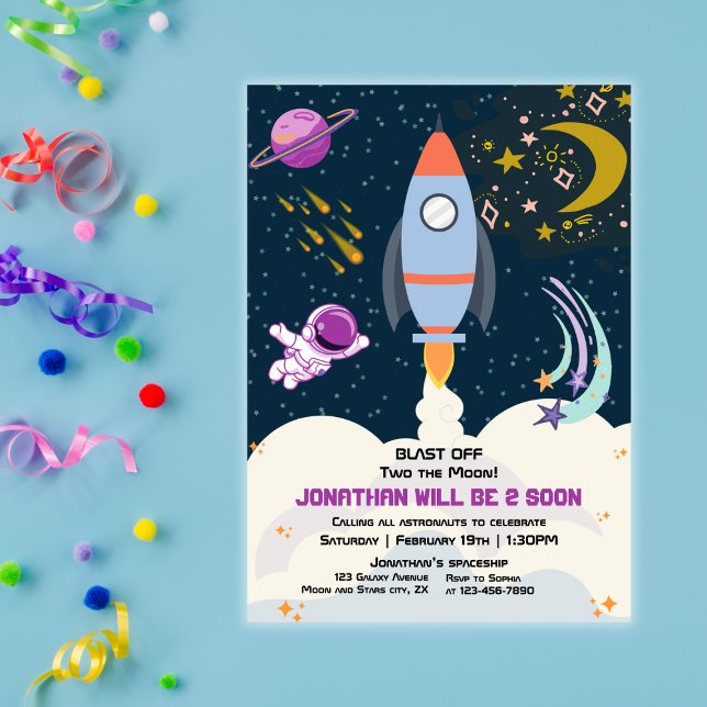 Convite Dois ao Menino Lua Foguete Espacial 2º Aniversário (Criador carregado)
