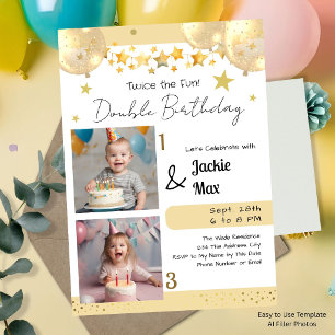 Convite Dois Balões Dourados de Aniversário Duplo de Foto 