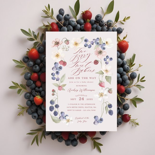 Convite Dois Berry Sweet Babies Berries & Flowers Chá (Two Berry Sweet Babies Berries & Flowers Shower Invitation)