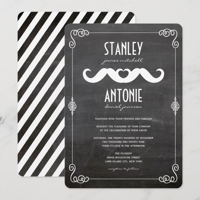 Convite Dois Bigodes Amam Quadro-Negro Antigo Casamento Ga (Frente/Verso)