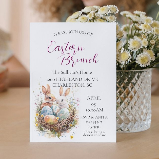 Convite dois Bunnies no cesto com ovos Páscoa Brunch (Criador carregado)