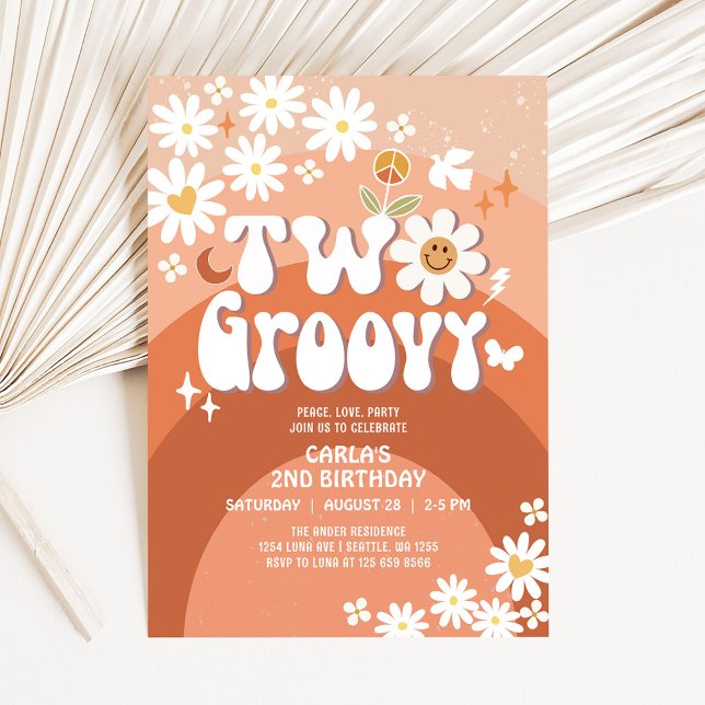 Convite Dois Caem Groovy Daisy Hippie 2º Aniversário Retro (Criador carregado)