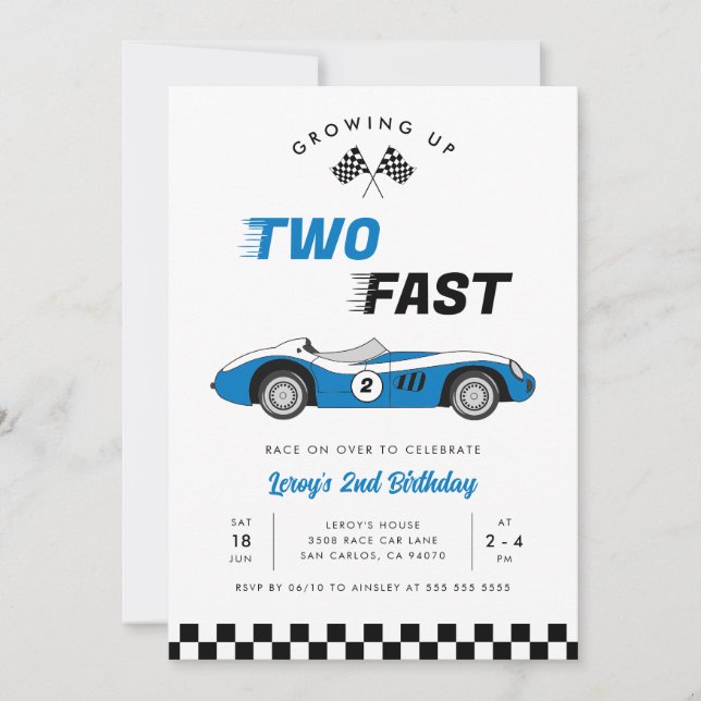 Convite Dois Carros de Corrida Vintage Azul Rápido Menino  (Frente)