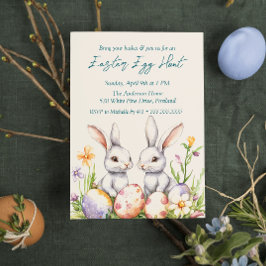 Convite Dois coelhos Ovos e Flores Caça de Ovos de Páscoa