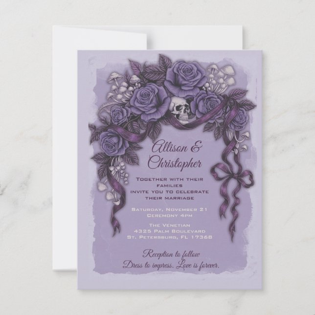 Convite Dois Corações Um Amor, Casamento Roxo Gótico (Frente)