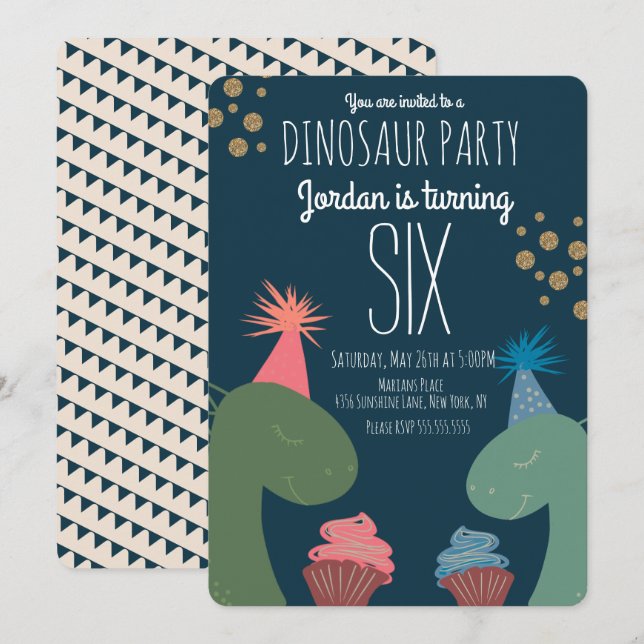 Convite Dois Cupcakes de Aniversário de Dinossauro com Con (Frente/Verso)