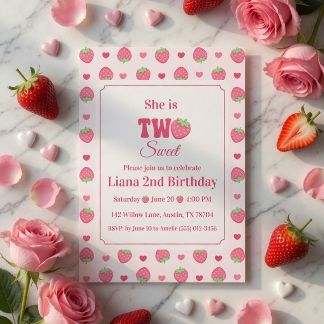 Convite Dois Doce Menina Morango Rosa Aniversário de 2 ano (Criador carregado)