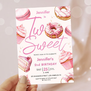 Convite DOIS Doce! Meninas de Donut Rosa Festa de 2 Anos