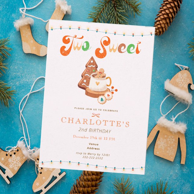 Convite Dois Doces Aniversário de Natal Biscoito Cacau Men (Two Sweet Christmas Cookie Cocoa Girl 2nd Birthday Invitation)
