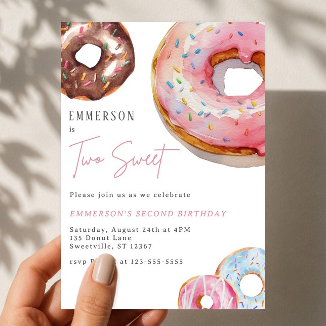 Convite Dois Doces Donut Aquarela 2º Aniversário (Two Sweet Watercolor Donut 2nd Birthday Invitation
)