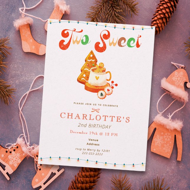 Convite Dois Doces Menina Natal Biscoito Cacau 2º Aniversá (Two Sweet Girl Christmas Cookie Cocoa 2nd Birthday Invitation)