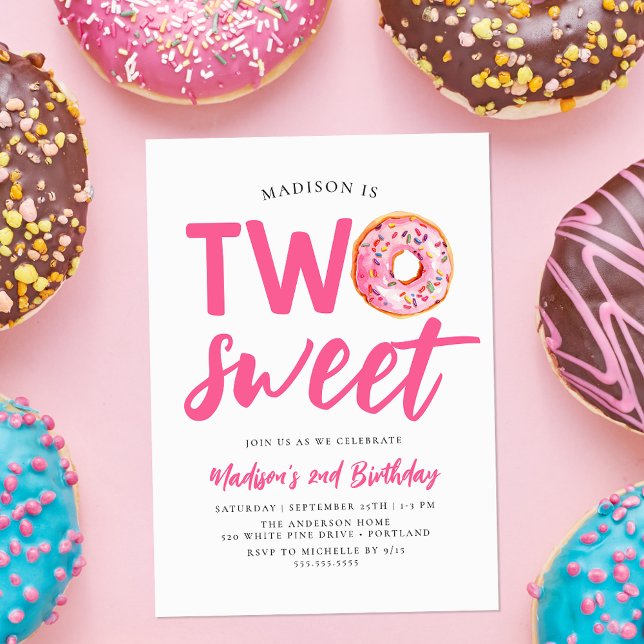 Convite Dois Donuts Cor-de-Rosa Doces Aniversário de 2 Ano (Criador carregado)