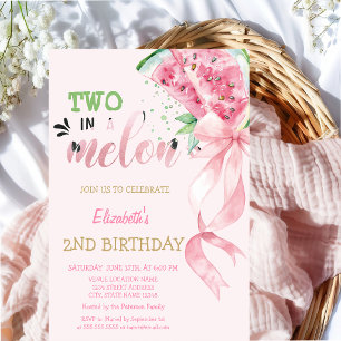 Convite Dois Em Um Melão Melancias Laço Rosa Aniversário d
