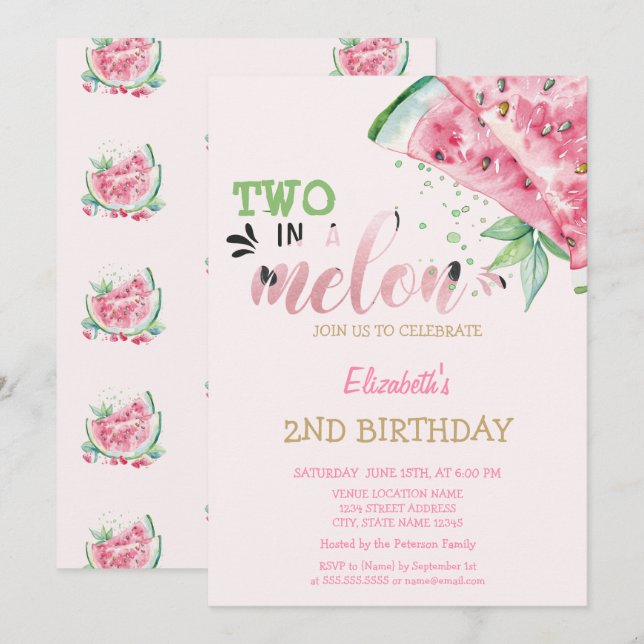 Convite Dois Em Um Melão Melancias Rosa 2º Aniversário   (Frente/Verso)