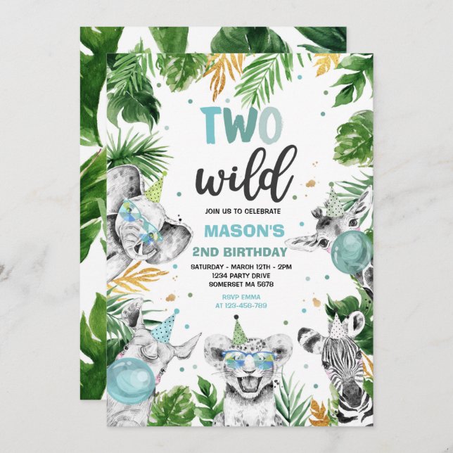 Convite Dois Festa Dourada Safari Selva Animais Selvagens  (Frente/Verso)