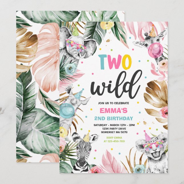 Convite Dois Festa Dourada Safari Selva Animais Selvagens  (Frente/Verso)